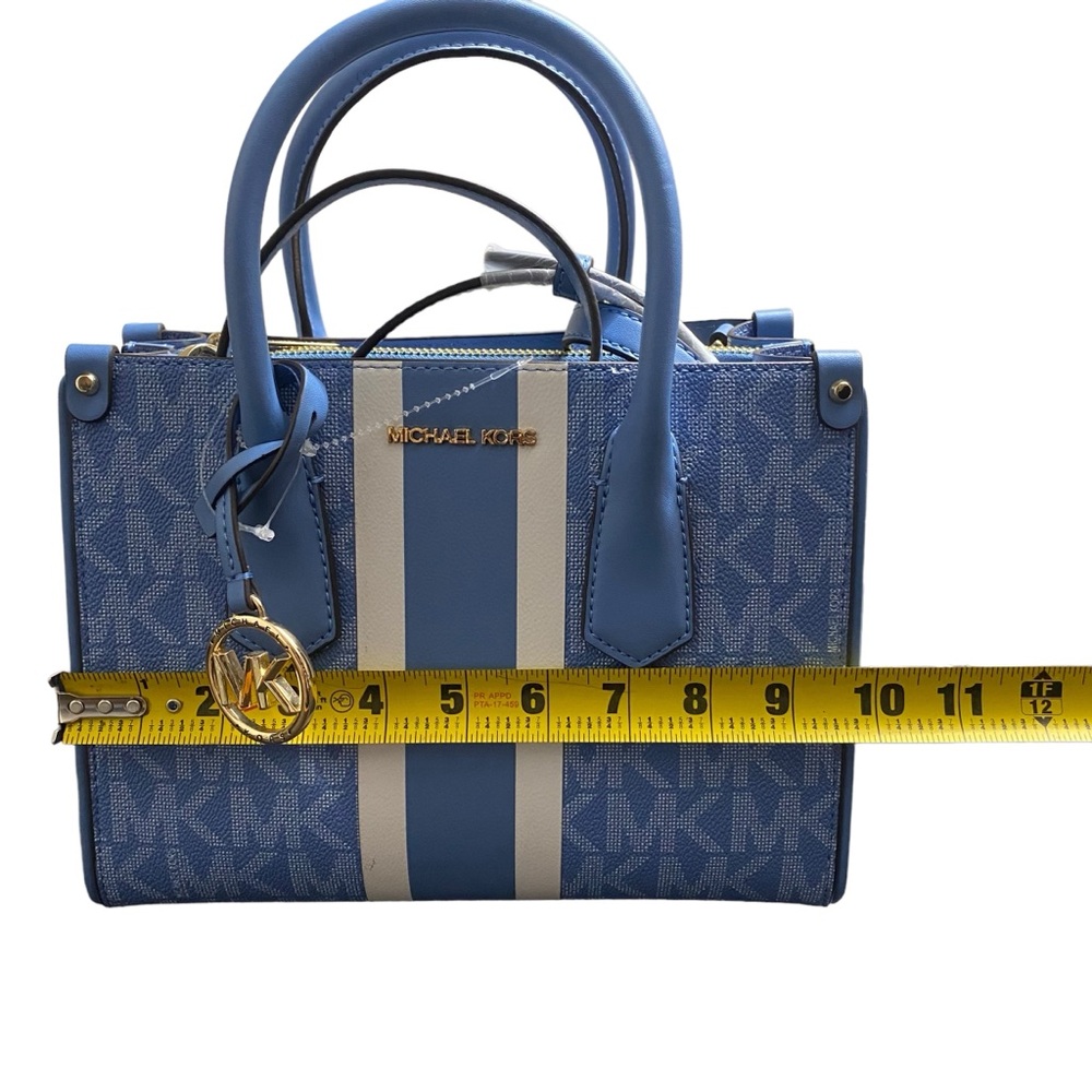 New MICHAEL KORS CENTER STRIPE MAPLE SM SATCHEL BRT BLUE WHITE CROSSBODY BAG - Picture 5 of 14